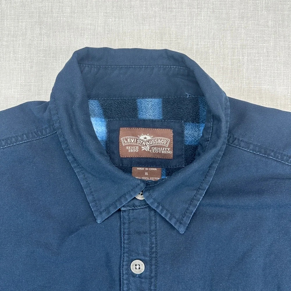 Levis Shirt Jacket Mens XL Navy Blue Cotton Fleece Lined Insulated Workwear EUC